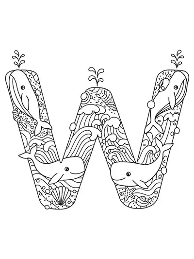 Letter W with playful whales, waves, and seashells in an ocean-themed coloring page for preschool.