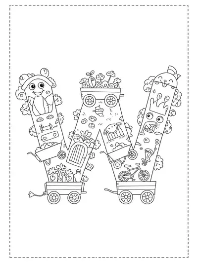 Letter W with wagons, wheelbarrows, and bicycles, vehicle-themed for preschool coloring.