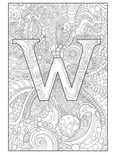 Letter W with surrounding simple abstract and geometric patterns in line art.
