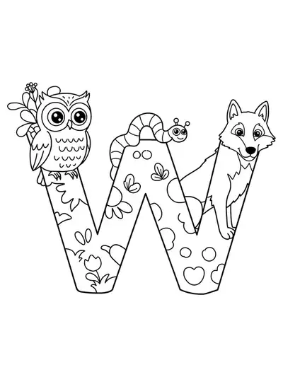 Letter W surrounded by woodland animals: owl, worm, and wolf, designed for preschool coloring.