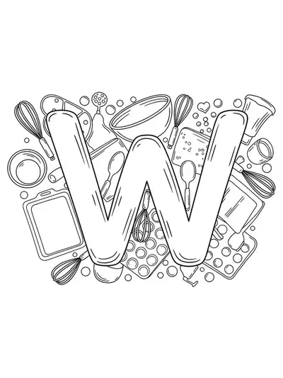 Outlined letter W with whisks, bowls, and baking trays in simple line art.