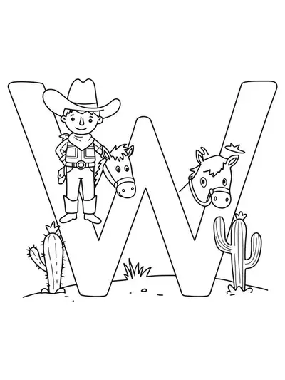 Letter W with a cowboy, horse, and cactus, themed for a wild west preschool coloring page.