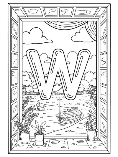 Outlined letter W with windows showing basic scenic views in easy line art.