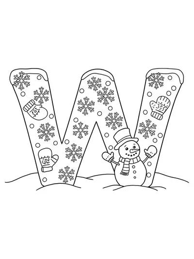 Letter W decorated with snowflakes, a snowman, and woolly mittens in a winter scene for preschool coloring.