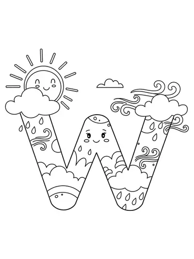 Letter W with sun, clouds, wind, and raindrops, weather-themed for preschool coloring.