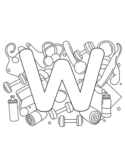 Outlined letter W with simple images of dumbbells, yoga mats, and water bottles.