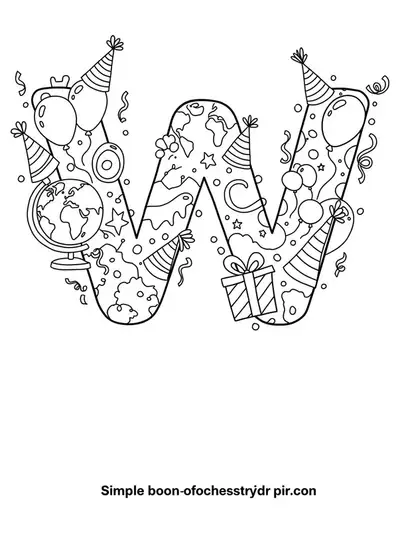 Letter W with globes, party hats, balloons, and confetti for a world celebration preschool coloring page.