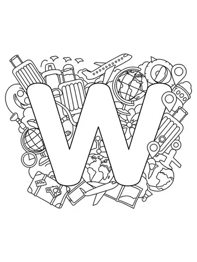 Outlined letter W with simple travel icons like suitcases, airplanes, and globe.