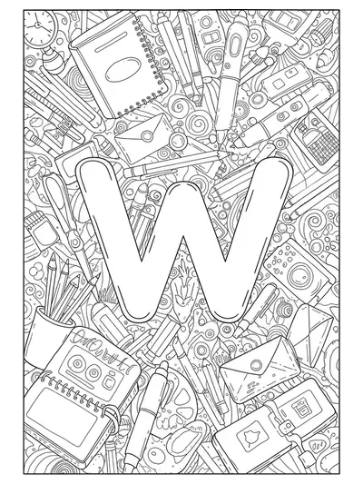 Outlined letter W with pens, pencils, and journals in easy line art.