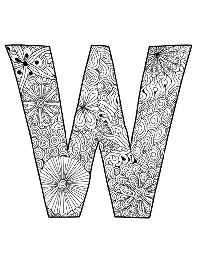 The letter W filled and surrounded by complex Zentangle patterns and abstract doodles in a hard adult coloring page.