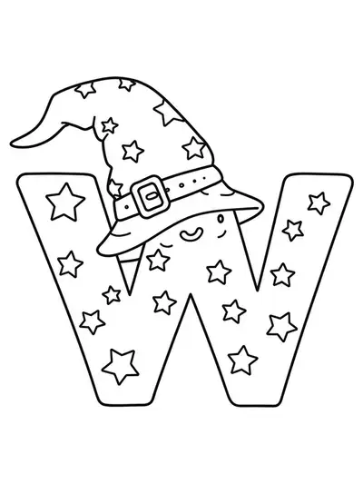 Large letter W with a wizard hat and stars in a simple fantasy style