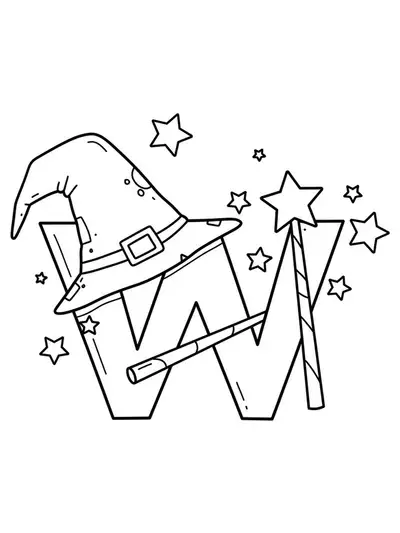 Letter W with a wizard hat, magic wand, and stars.