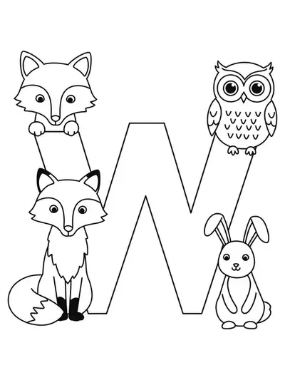 Letter W with woodland animals like a fox, owl, and rabbit.
