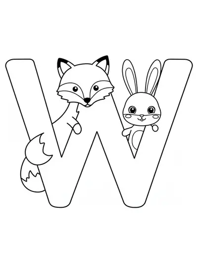 Large letter W with simple woodland animals such as a fox and rabbit
