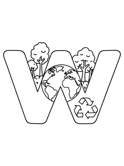 Letter W with a globe, trees, and recycling symbol for Earth Day.