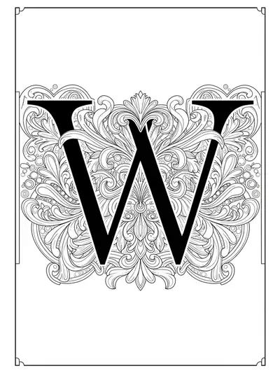 Highly detailed Art Nouveau swirls and florals weave around the letter W in an intricate coloring design for adults.