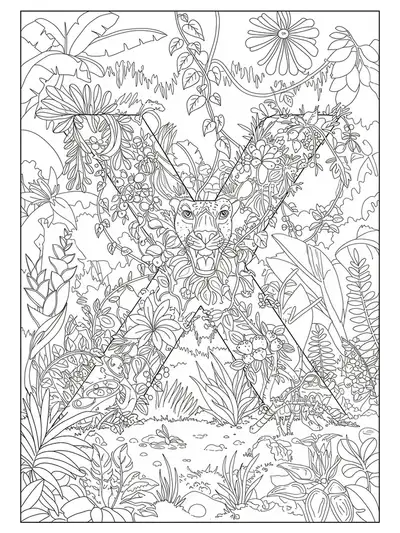 Letter X covered in detailed jungle plants, vines, and small exotic animals, designed with intricate patterns for adults.