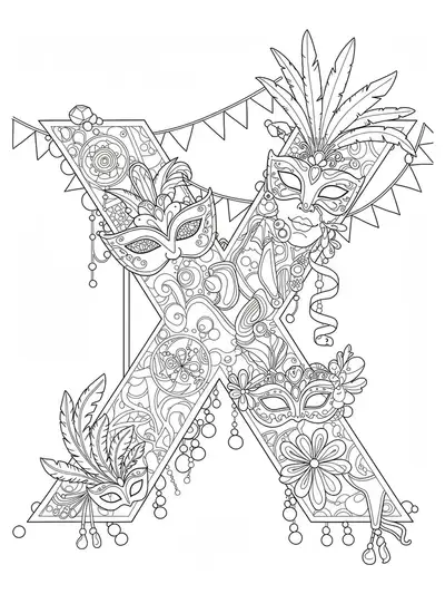 Letter X decorated with masquerade masks, feathers, and ornate carnival motifs, medium complexity.