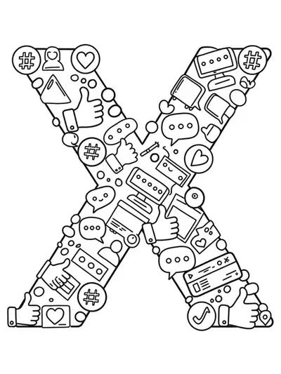 Easy printable coloring page of letter X with various social media symbol outlines for teens.