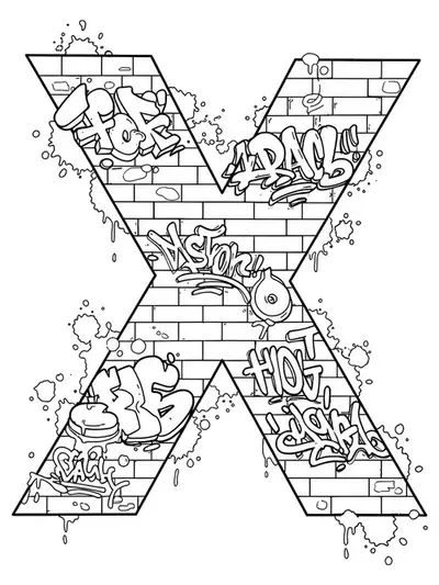 A medium difficulty coloring page featuring the letter X with graffiti and street art motifs, suitable for teens.