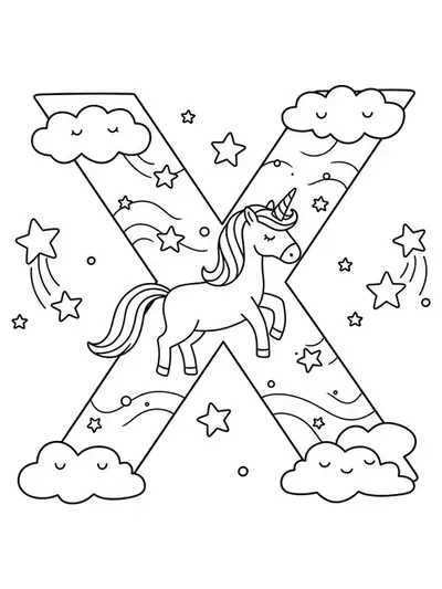 Letter X with a unicorn, stars, and clouds, designed for elementary kids to color.