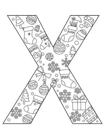 Letter X surrounded by detailed Christmas ornaments and decorations for coloring