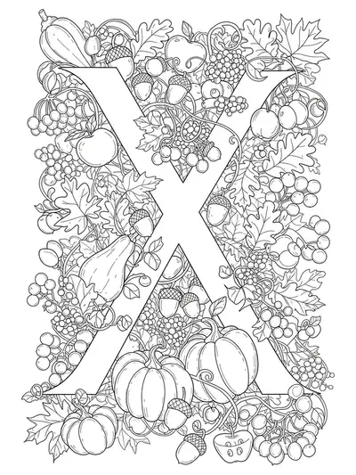 Letter X surrounded by autumn leaves, acorns, apples, pumpkins, and vines
