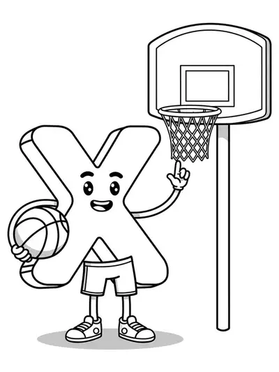 Easy coloring page of letter X holding a basketball next to a simple hoop