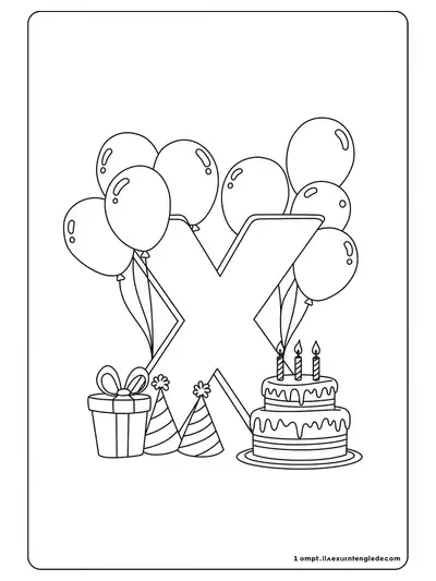 Coloring page of letter X with balloons, cake, and party hat, easy outlines
