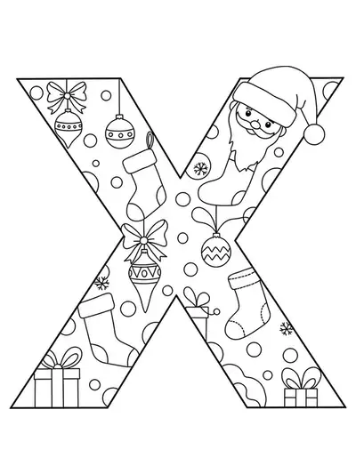 Easy coloring page of letter X with Christmas ornaments and Santa hat for kids