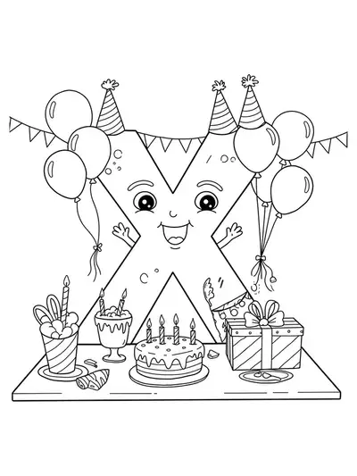 Letter X with balloons, cake, streamers, and party hats at a birthday celebration, for kids.