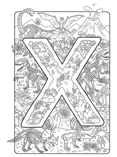 Letter X with dinosaurs, fossils, skeletons, and volcanoes