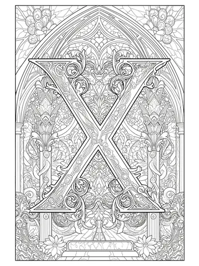 The letter X set within gothic arches, stained glass designs, and complex architectural carvings, highly detailed for adults.