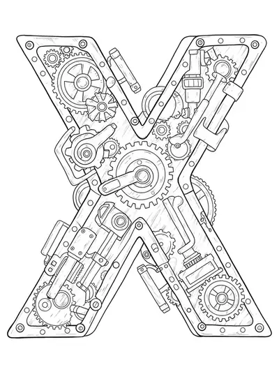 Letter X integrated with complex steampunk gears, cogs, and machinery details in fine line work for adults.
