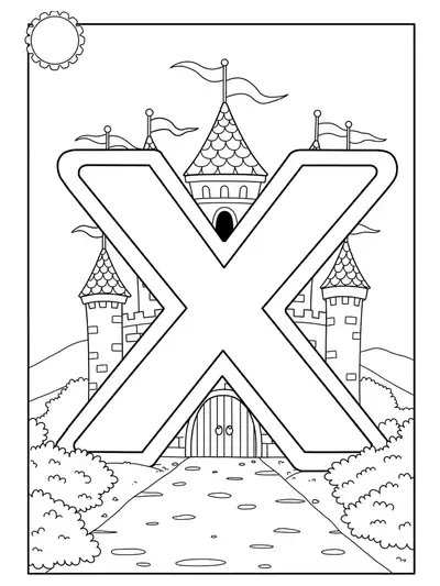 Coloring page with letter X in front of a simple fairy tale castle with flags