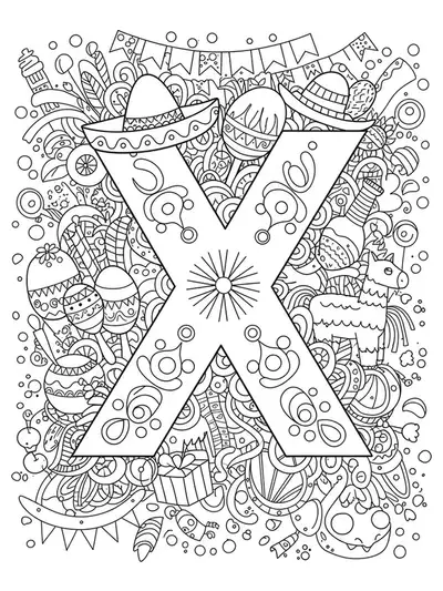 Letter X decorated with maracas, piñatas, streamers, and fiesta patterns