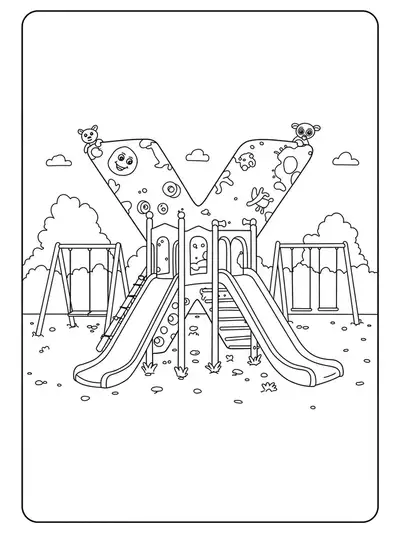 Letter X featured in a detailed playground scene with slides and swings for coloring
