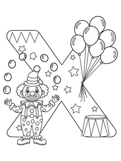 Letter X with a juggling clown, circus elements and balloons, medium coloring page for preschool