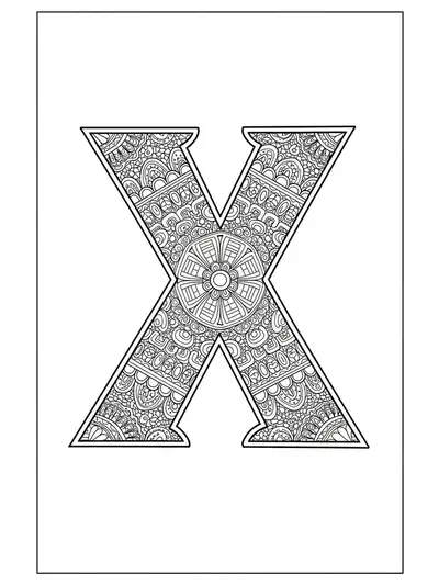 Letter X filled and bordered by detailed Aztec mosaic patterns and motifs, highly intricate and complex for adults.