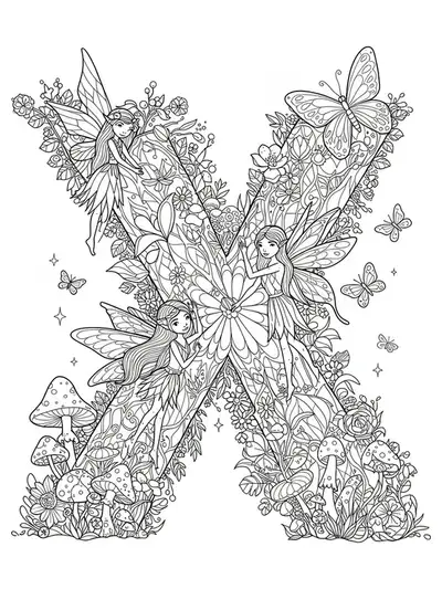 Letter X with detailed fairies, magical plants, mushrooms, and butterflies