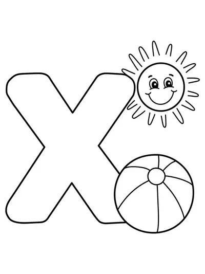 Large letter X with a sun and beach ball, perfect for preschool summer coloring.