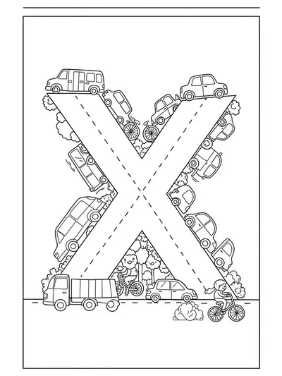 Letter X surrounded by detailed vehicles like cars, trucks, and bicycles for coloring
