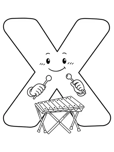 Easy coloring page of letter X character playing a xylophone with mallets