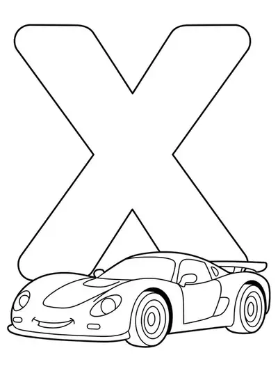 Easy coloring page of letter X with a simple race car beside it
