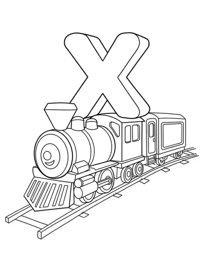 Letter X riding a train with x-ray view of the engine and cars, suitable for elementary children.