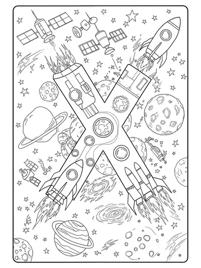 Letter X with rockets, planets, satellites, and galaxies all around