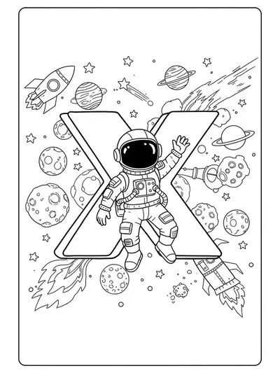 Letter X as an astronaut with rockets, planets, and stars in a detailed space scene for coloring