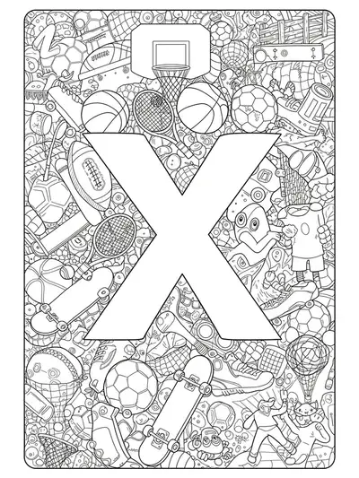 Letter X coloring page with detailed sports balls, equipment, and action scenes
