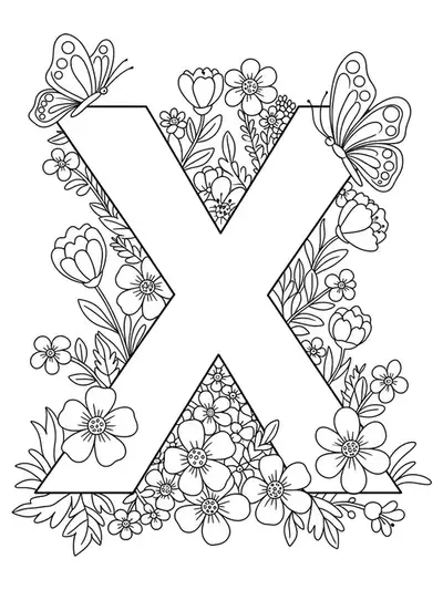 Coloring page with large letter X and spring flowers, butterflies, easy outlines