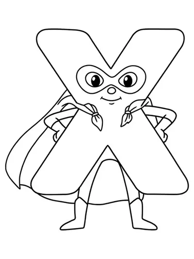 Coloring page with letter X dressed as a superhero with cape and mask